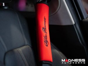 Seat Belt Shoulder Pads - set of 2 - Red w/ Alfa Romeo Logo + Black Binding